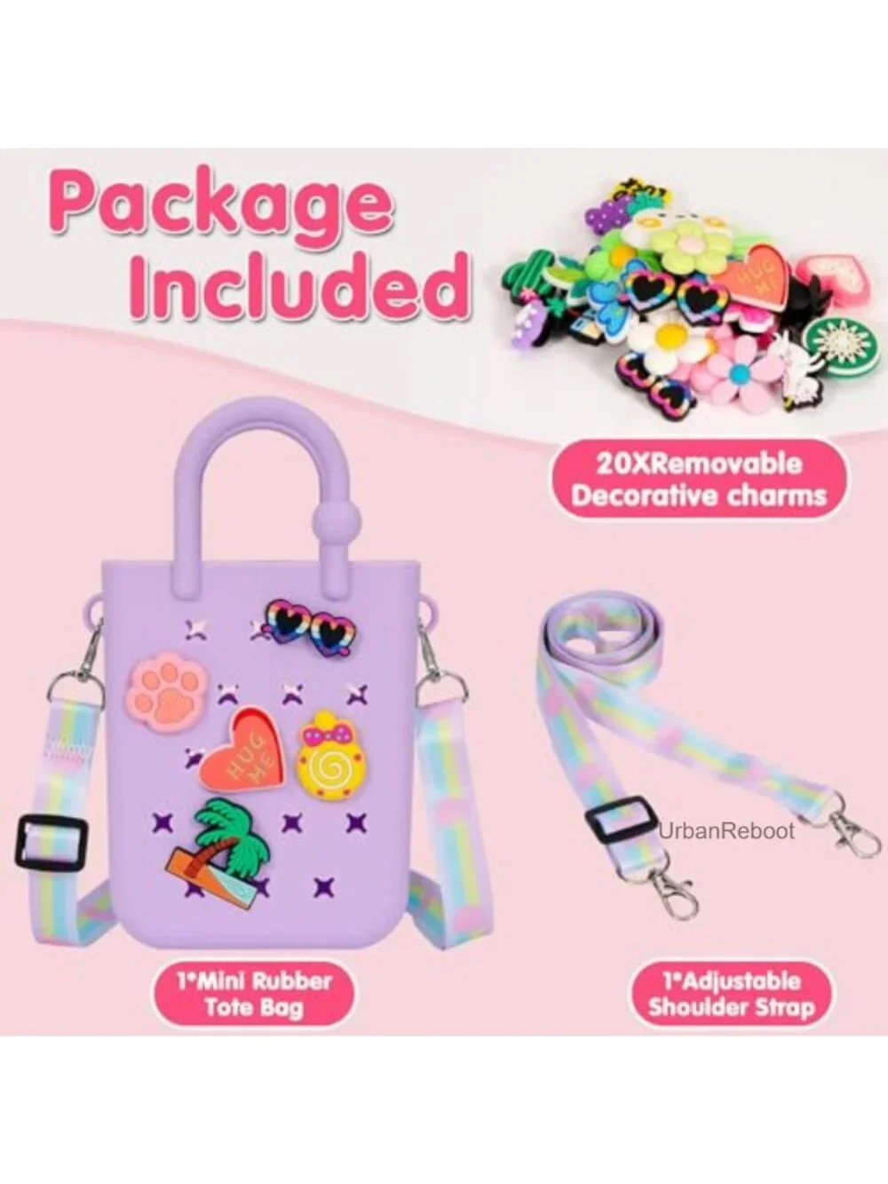 Mini Silicone Tote Bag with 20 Charms Adjustable Strap Beach Tote Girls